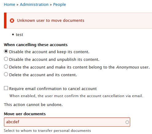 cancel user account validation error