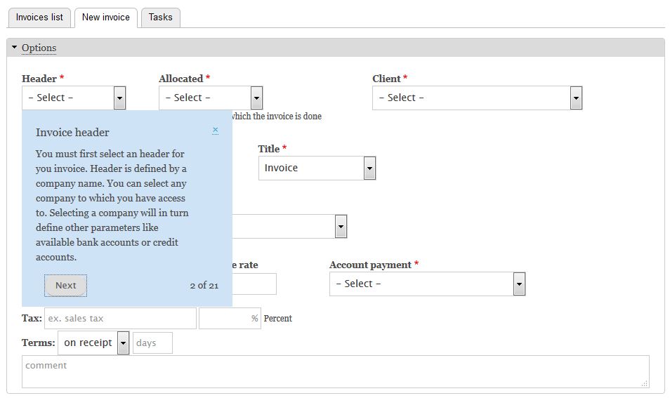 Invoice guided tour